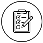 Circle with a checklist and pencil illustration in the center.