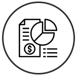 Circle with paper, dollar sign and pie chart illustration in the center.