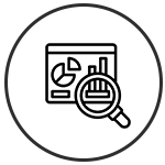 Circle with magnifying glass with bar and pie chart illustrations in the center.