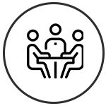 Circle with three people meeting illustration in the center.