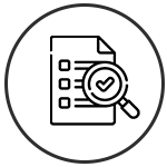 Circle with magnifying glass over a checklist illustration in the center.