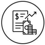 Circle with a paper with an arrow pointing up and some cash illustration in the center.