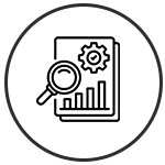 Circle with a paper with a gear, bar graph and magnifying glass illustration in the center.