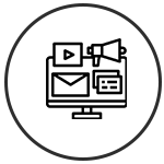 Circle with a computer monitor with email, play button, and bullhorn illustration in the center.