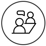 Circle with two people talking illustration in the center.